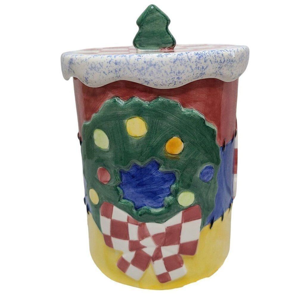 Vintage Kitchen Food Stoage, Lotus 90s Christmas Holiday Ceramic Jar With Lid